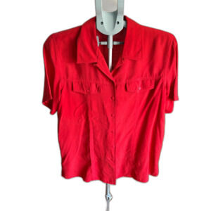 Anna and Frank Vintage 100% Cherry Red Silk Large Short Sleeve Button Up